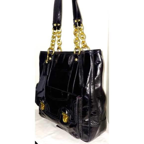 Coach 17924 Poppy Camelia Black Leather Pushlock Tote - Picture 8 of 11